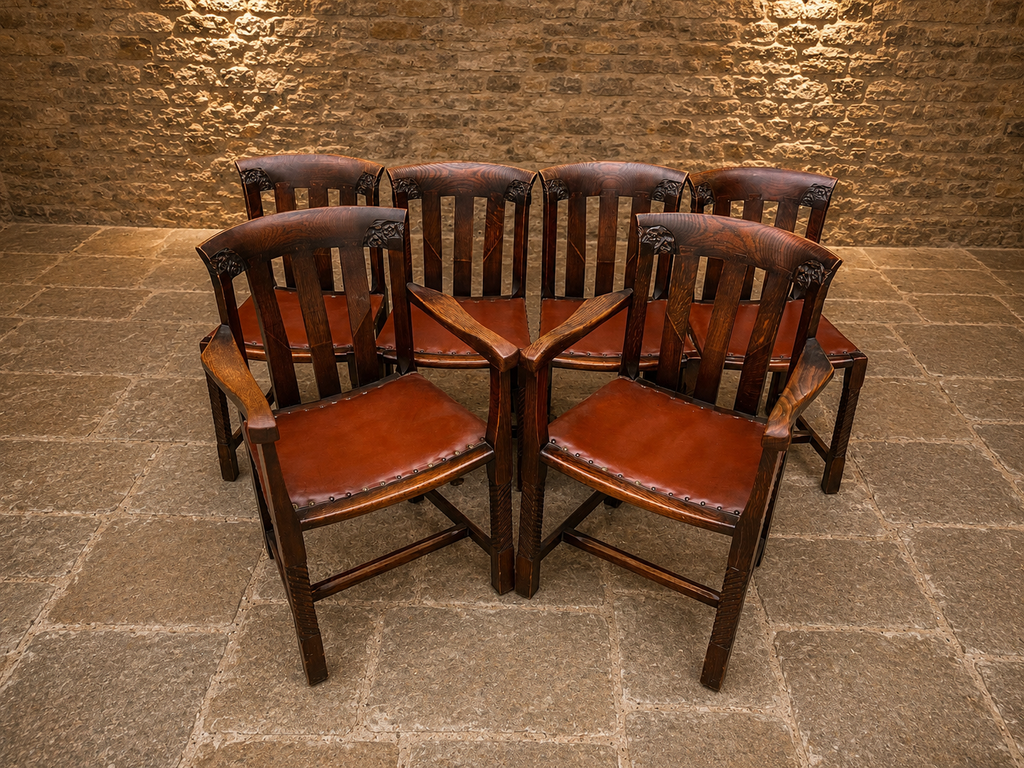 Antique Arts & Crafts Oak Dining Chairs – Set of 6 with Leather Seats & 2 Carvers – c.1890–1910