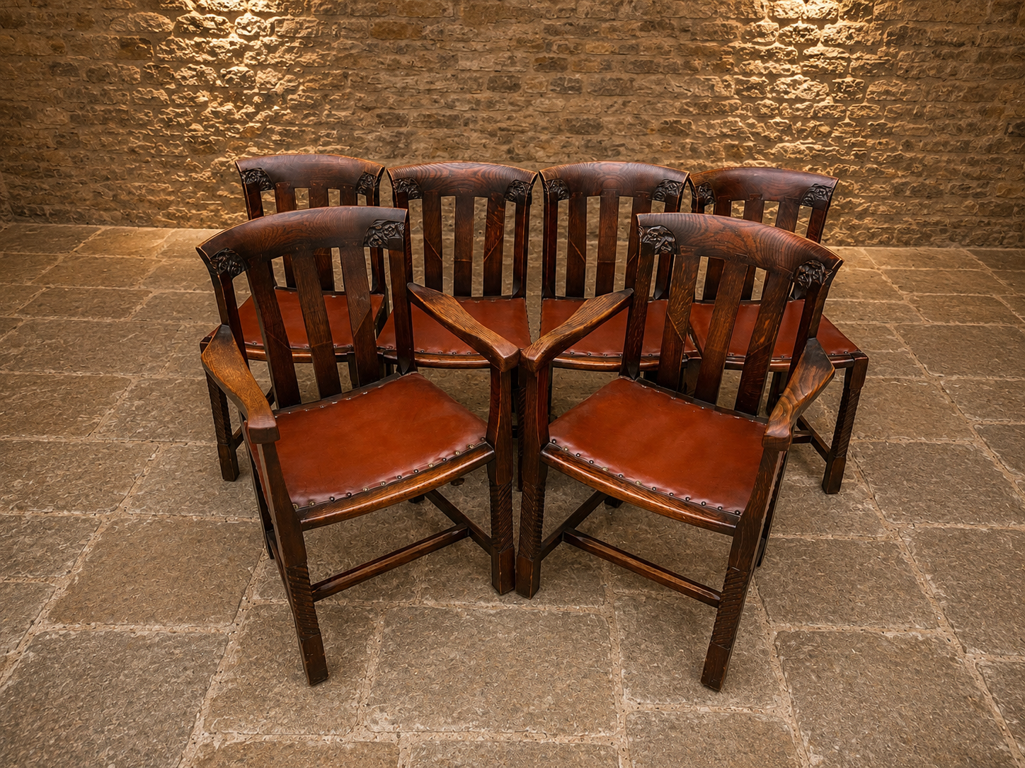 Antique Arts & Crafts Oak Dining Chairs – Set of 6 with Leather Seats & 2 Carvers – c.1890–1910