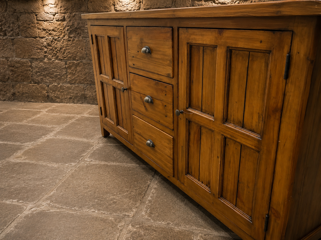 Large Rustic Pine Farmhouse Sideboard – 3 Drawer & Double Cupboard Storage Cabinet