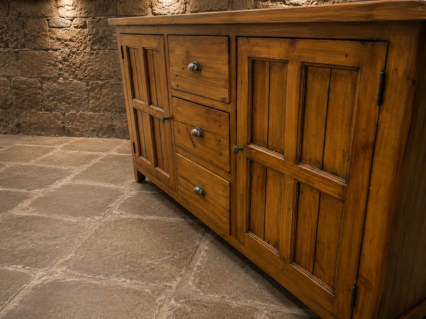 Large Rustic Pine Farmhouse Sideboard – 3 Drawer & Double Cupboard Storage Cabinet