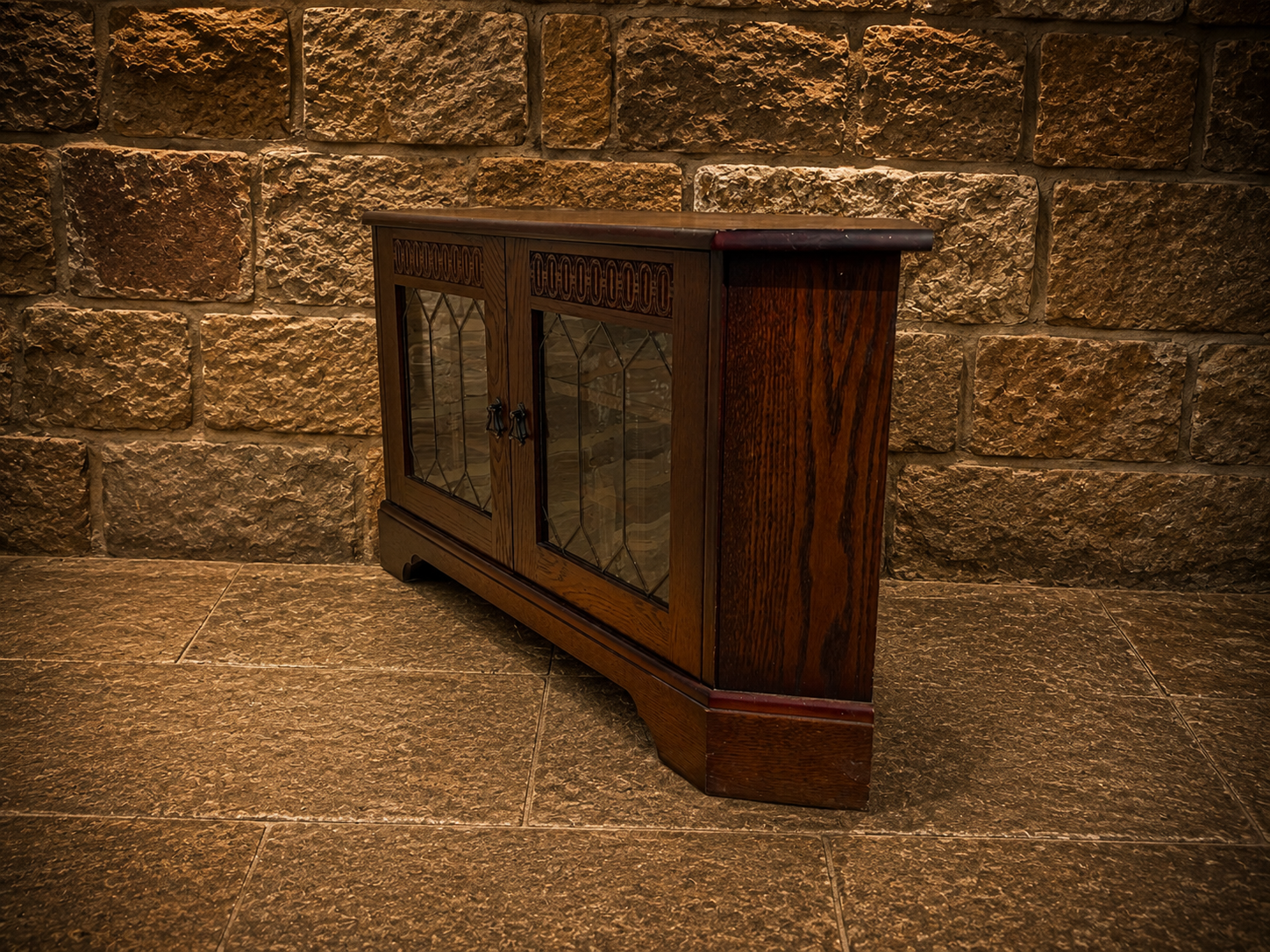 Antique Oak Music Cabinet | Arts & Crafts Leaded Glass Record Cabinet | Jacobean Revival Drinks Cabinet | Vintage Vinyl Storage