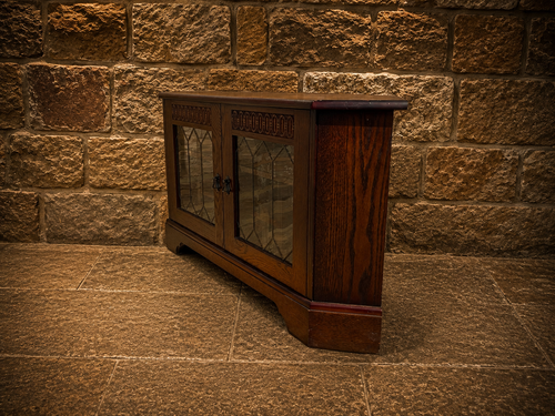 Antique Oak Music Cabinet | Arts & Crafts Leaded Glass Record Cabinet | Jacobean Revival Drinks Cabinet | Vintage Vinyl Storage