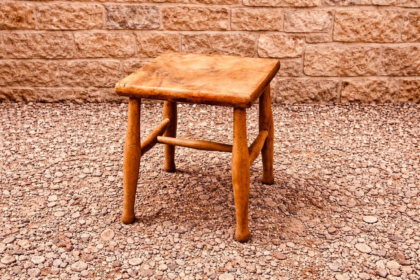 Vintage Rustic Wooden Stool – Solid Wood Country Side Table (Mid Century)