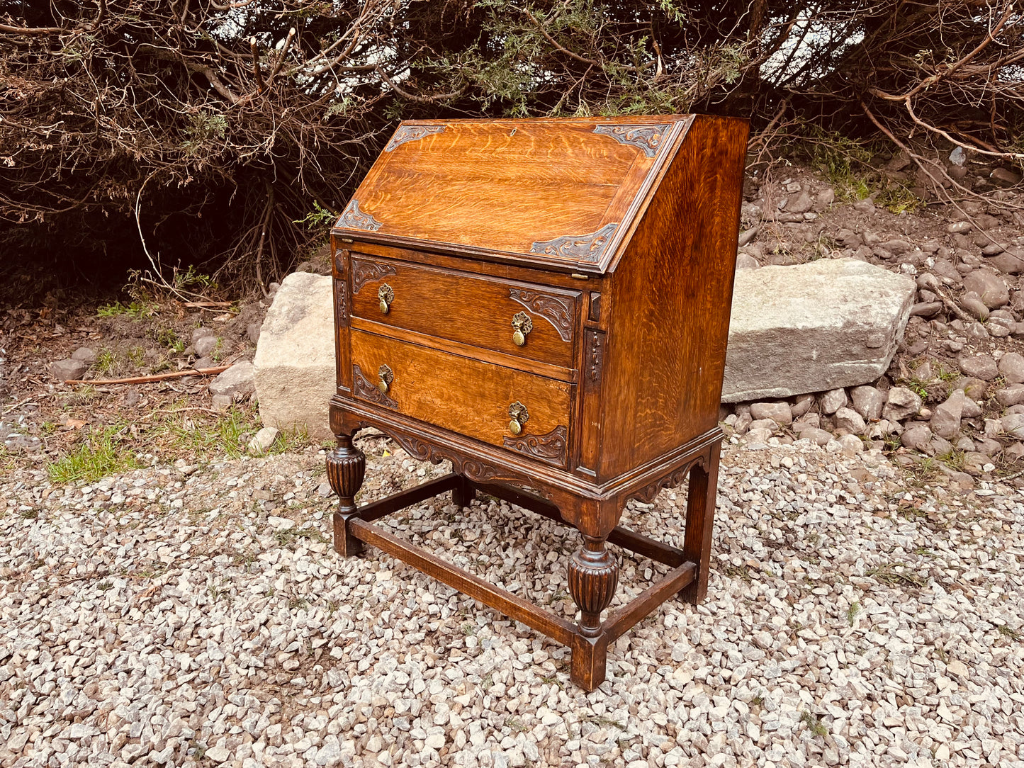 Antique Edwardian Tiger Oak Bureau Writing Desk