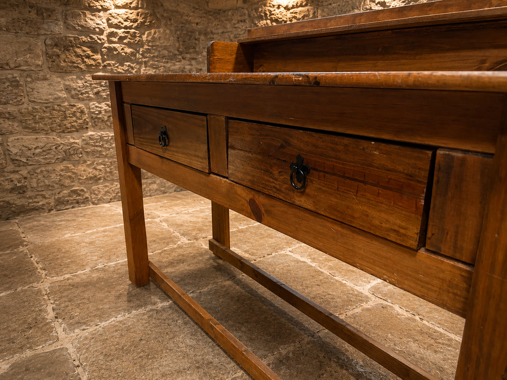 Large Solid Pine Farmhouse Console Table with Two Drawers | Rustic Kitchen Prep Table
