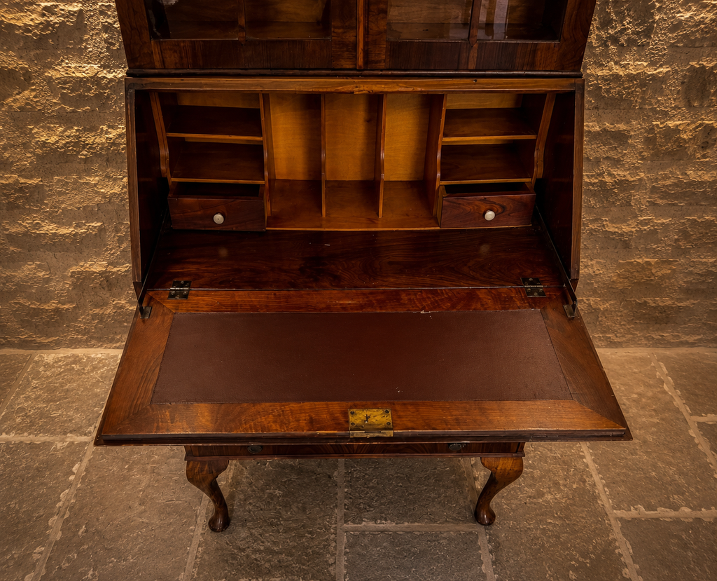 Antique Figured Walnut Bureau Bookcase | George III Style Secretary Cabinet | Glazed Display Bureau | English c.1920–1940