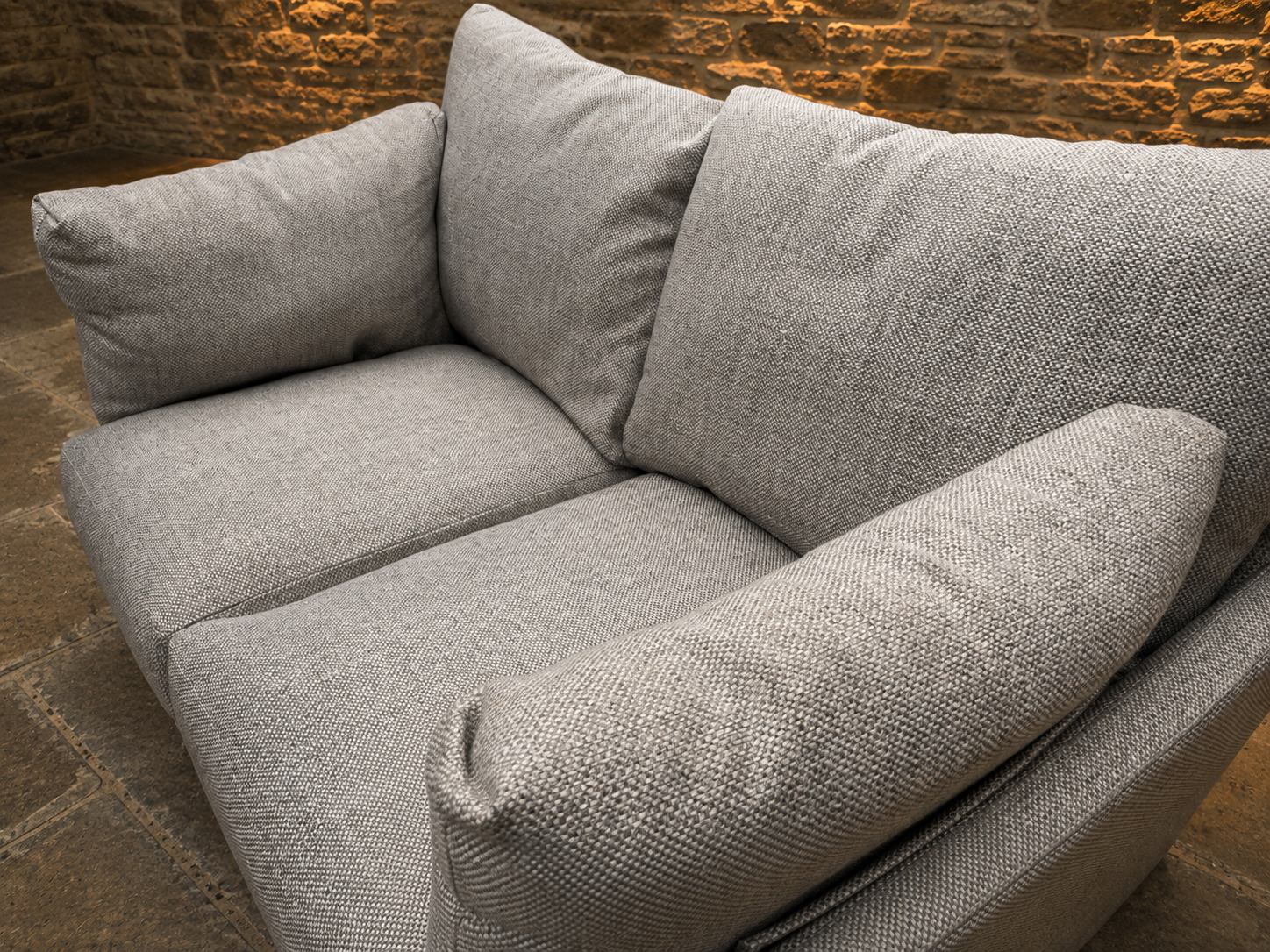 Contemporary Grey Two Seater Snuggler Sofa – Deep Cushioned Textured Fabric Loveseat