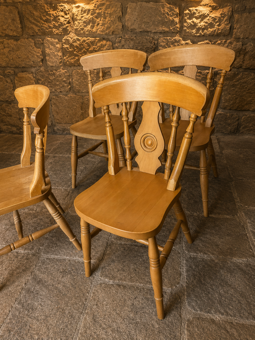 Set of Four Solid Elm & Beech Farmhouse Kitchen Chairs | Windsor Style Country Dining Chairs | Rustic Cottage Seating
