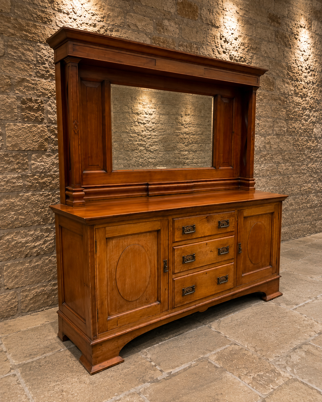 Antique Victorian Walnut Mirrored Sideboard – Edwardian Buffet Cabinet with Marble-Style Mirror Back