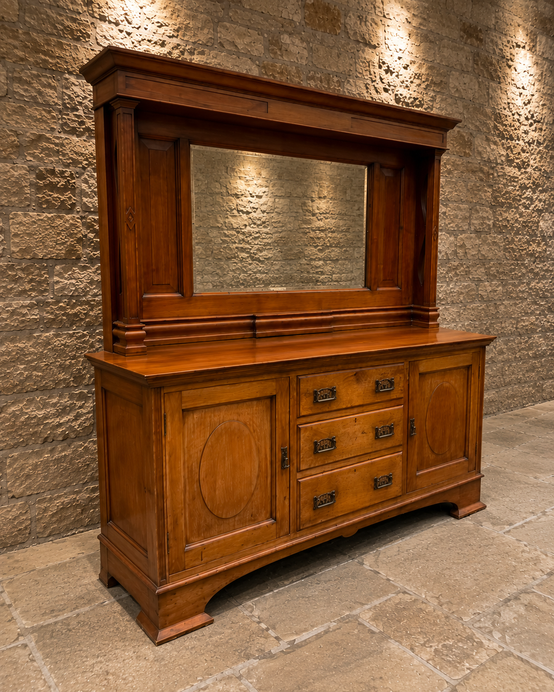 Antique Victorian Walnut Mirrored Sideboard – Edwardian Buffet Cabinet with Marble-Style Mirror Back