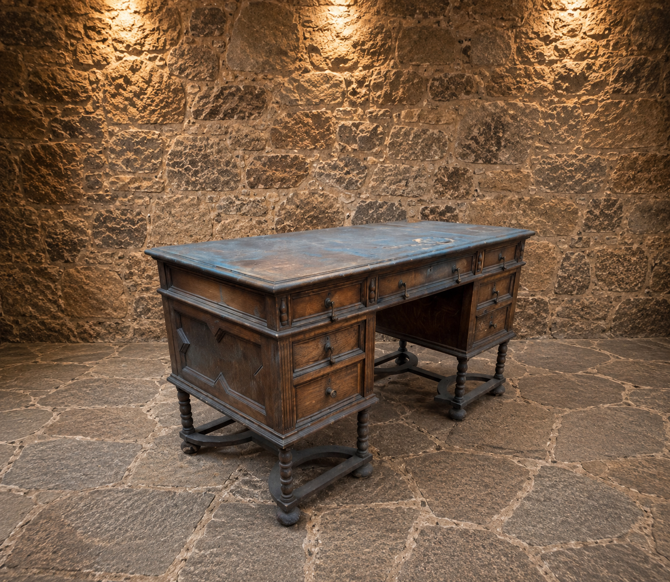 Antique Oak Pedestal Writing Desk – Circa 1900 – Victorian Edwardian Jacobean Revival Desk