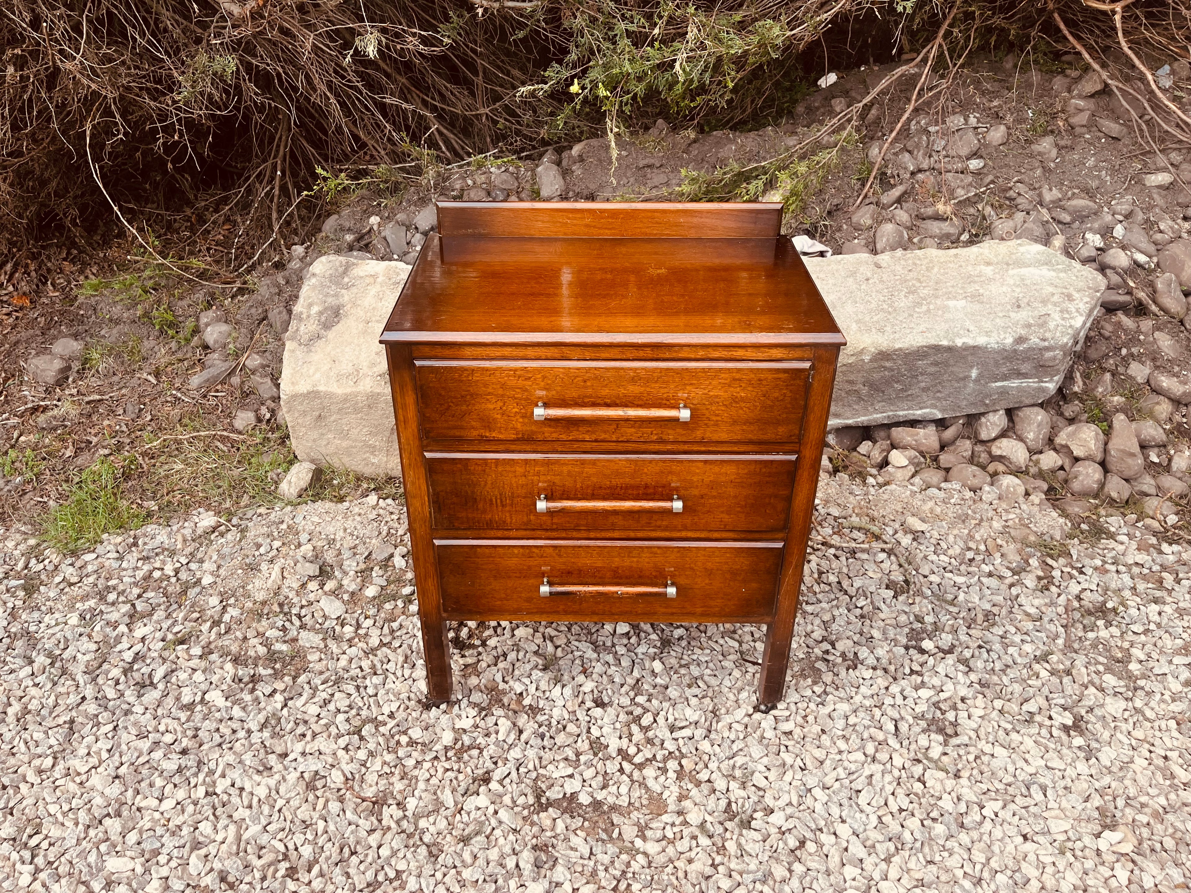 Mid Century Oak Bedside Table with Three Drawers