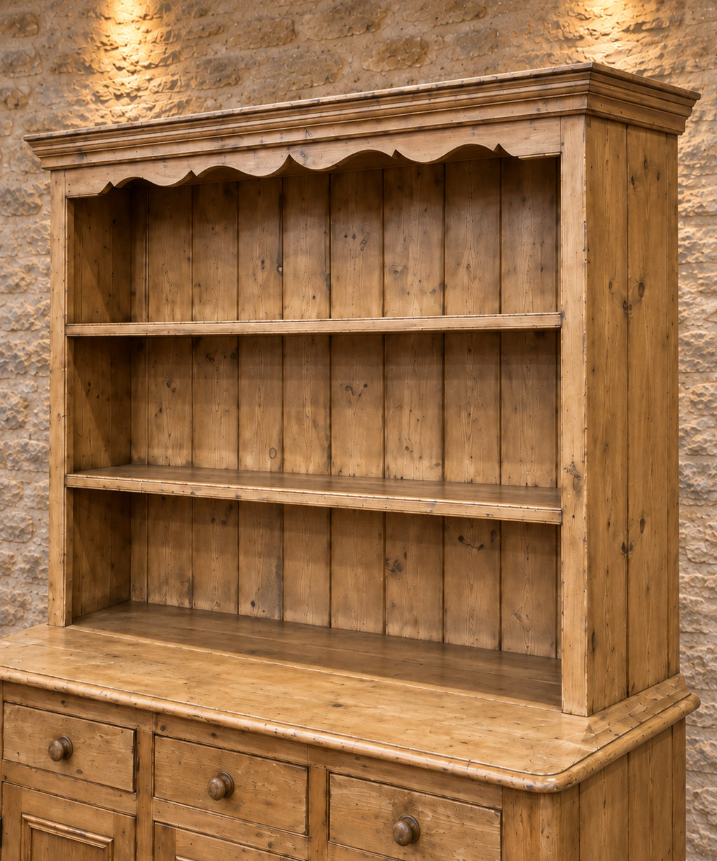Vintage pine farmhouse dresser with scalloped canopy