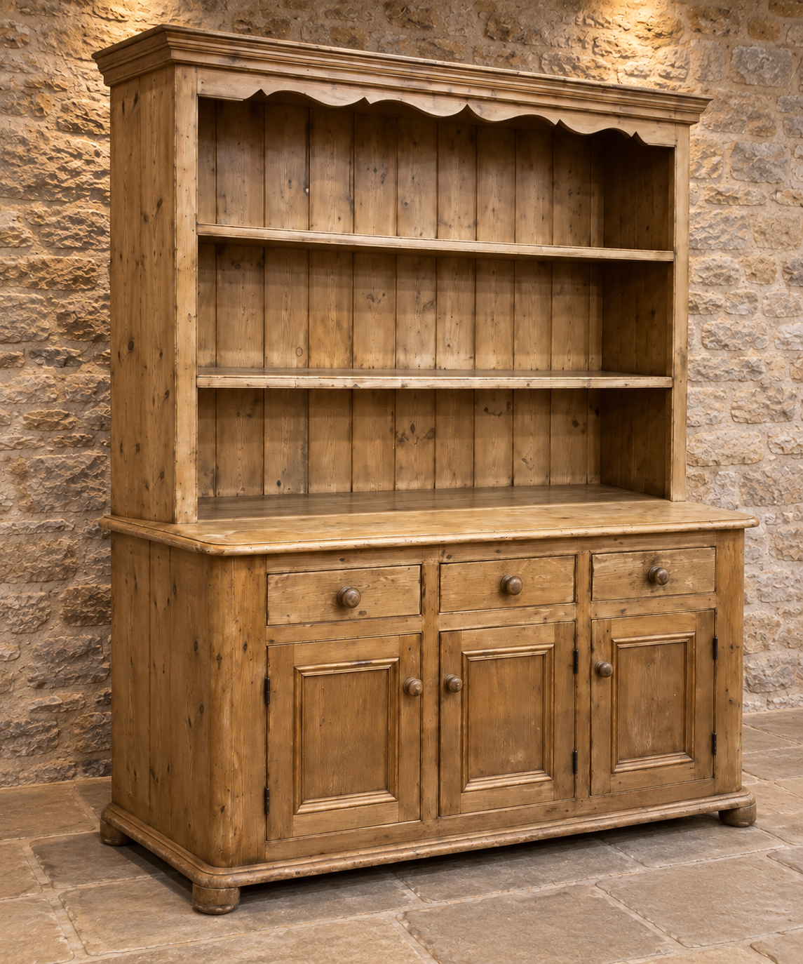 Vintage pine farmhouse dresser with scalloped canopy