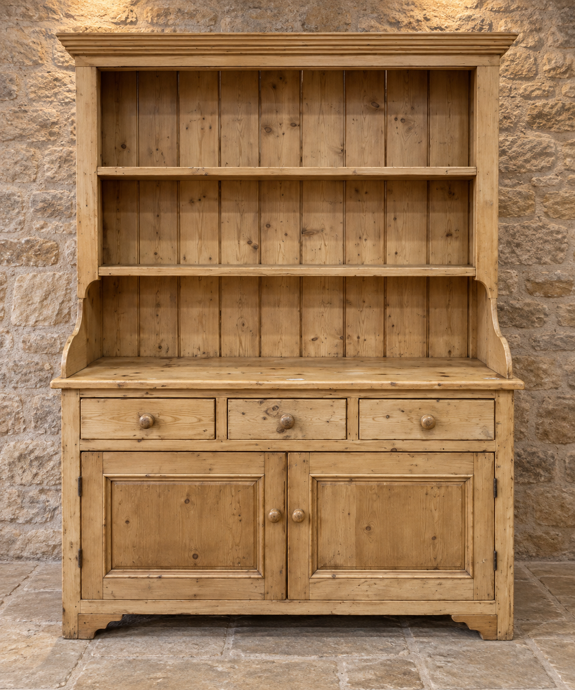Vintage pine farmhouse dresser with open shelving
