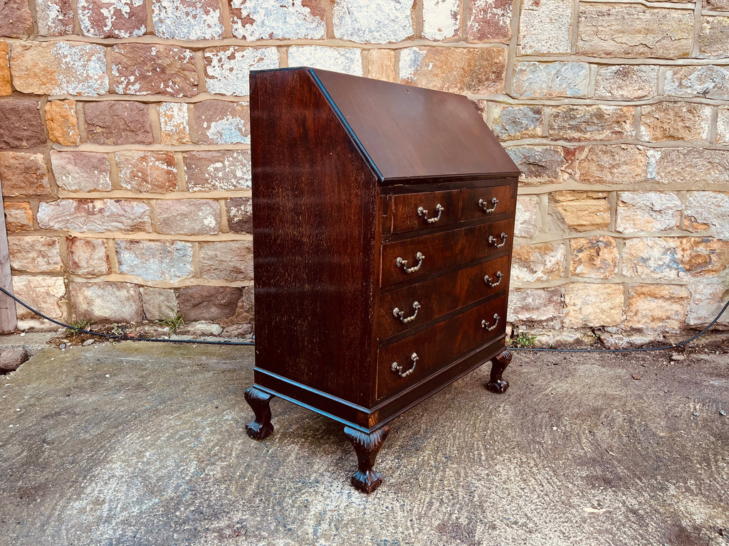 Mahogany Bureau Writing Desk with Drop Front & Ball & Claw Feet – Vintage Home Office Storage (c.1920–1940)
