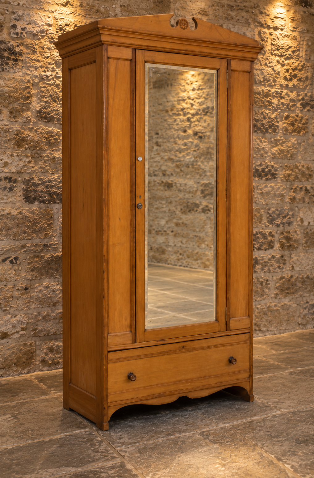 Antique Solid Oak Mirrored Wardrobe | Single Door Wardrobe with Drawer