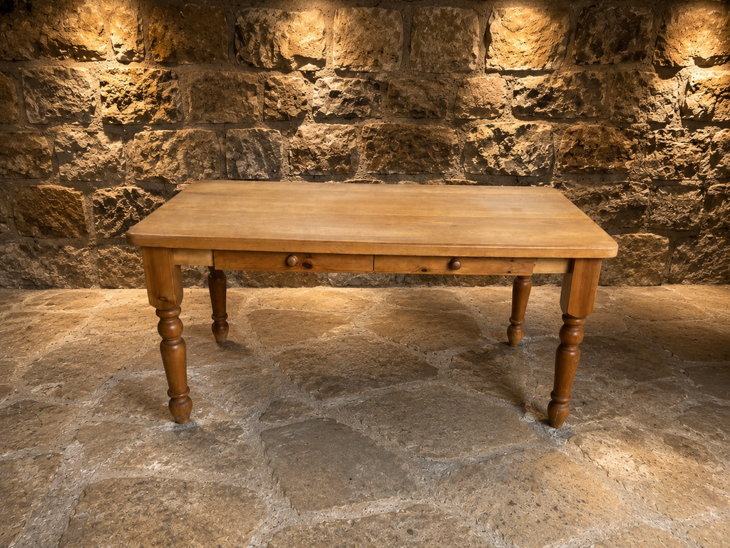 Antique Victorian Pine Farmhouse Kitchen Dining Table with Two Drawers c.1890