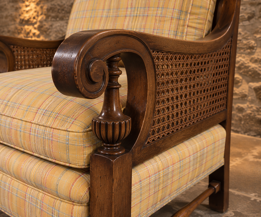 Pair of Antique 1930s Regency Revival Bergère Cane Armchairs