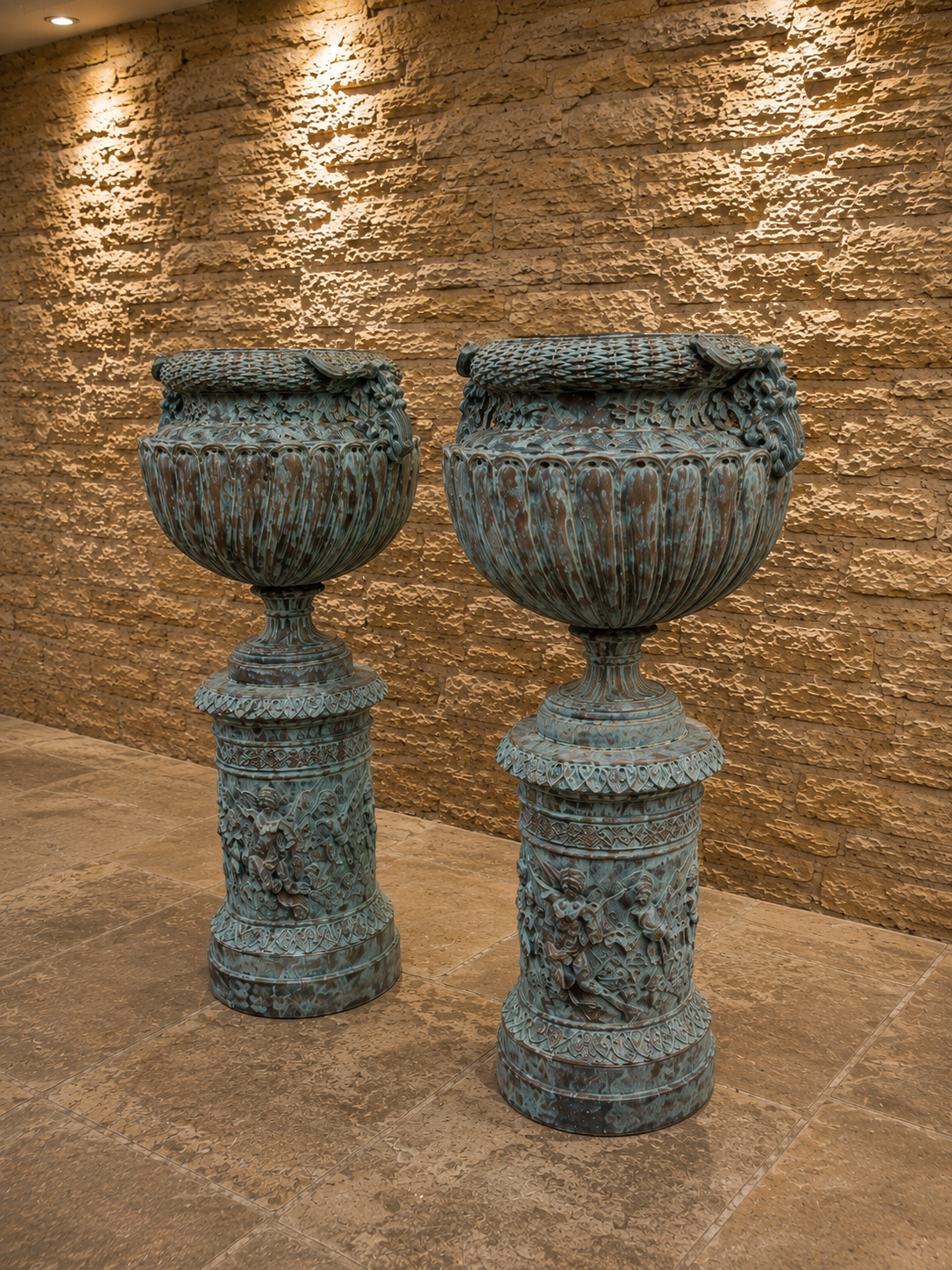 Bronze Neoclassical Garden Urns on Matching Pedestals | Pair of Classical Ram’s Head Urns | French Empire Style Antique Garden Statuary