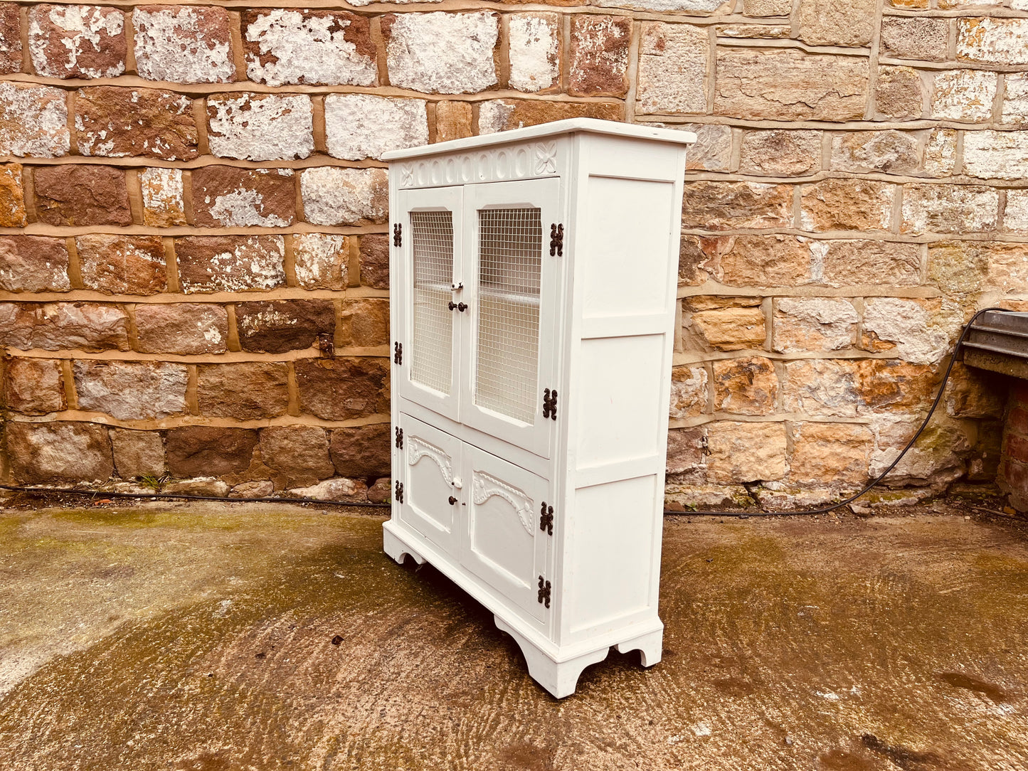 Vintage Farmhouse Kitchen Cupboard with Wire Mesh Doors