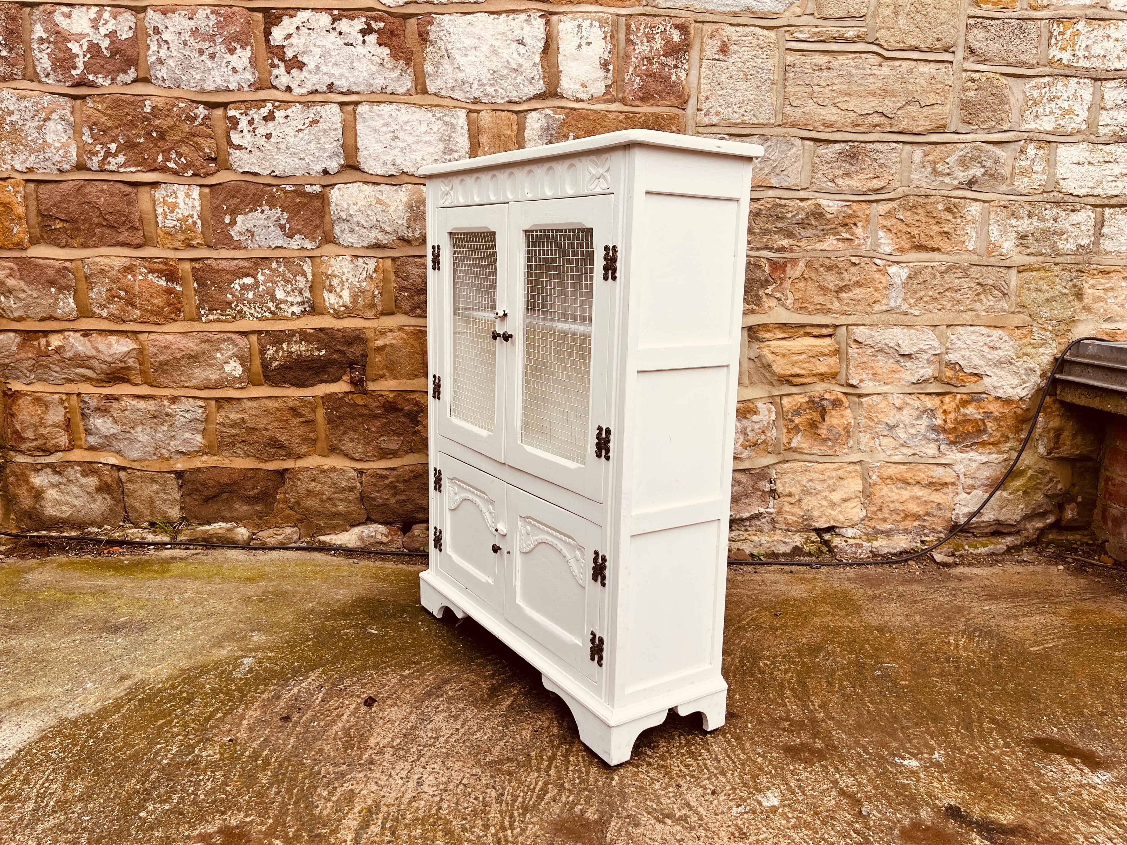 Vintage Farmhouse Kitchen Cupboard with Wire Mesh Doors