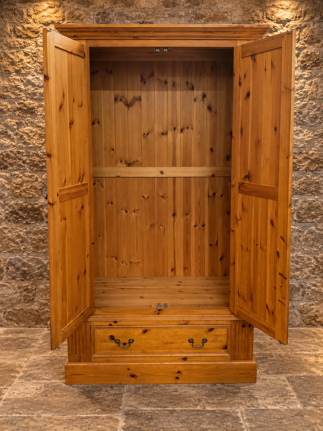 Large Traditional Pine Double Wardrobe with Drawer