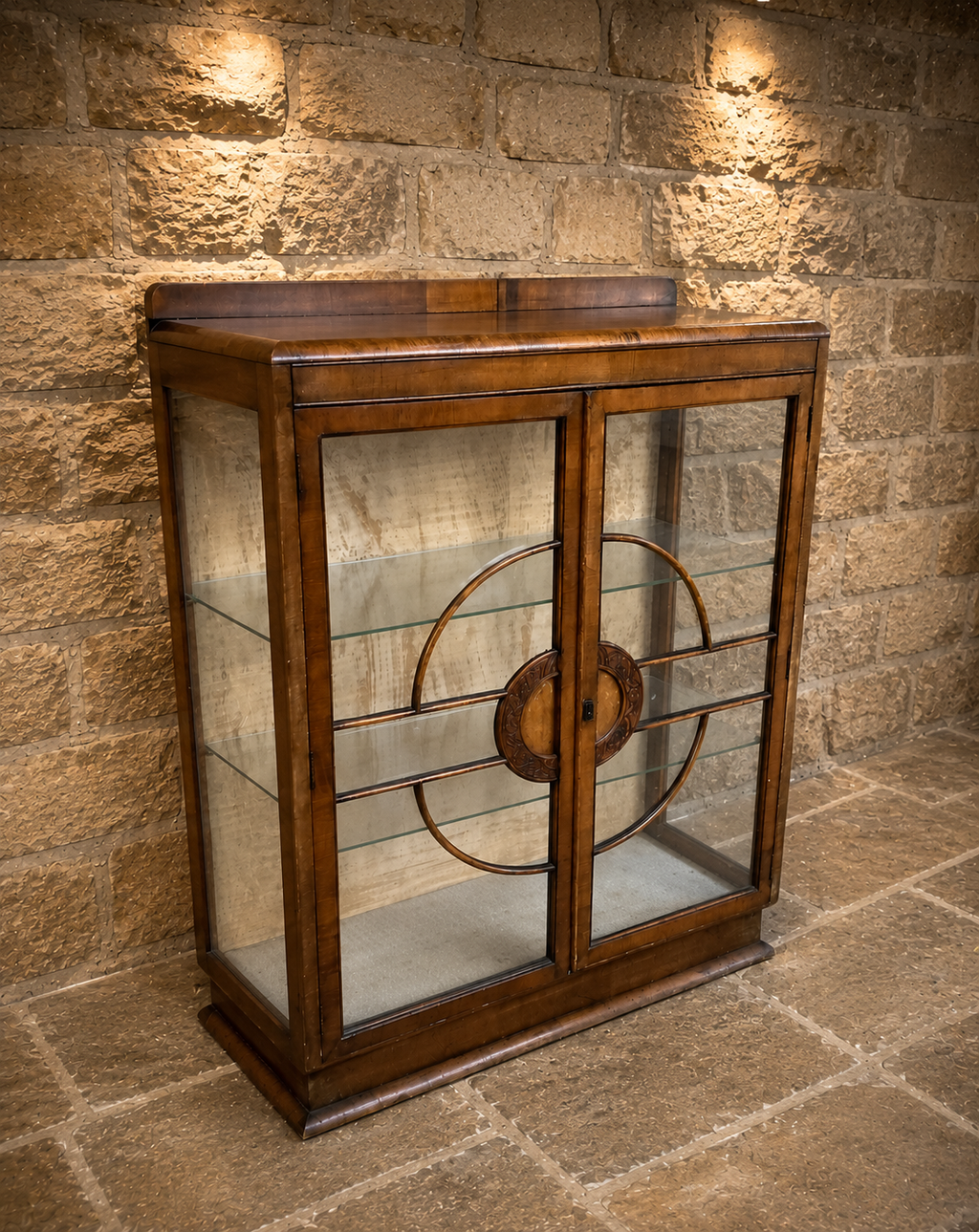 1930s Art Deco Figured Walnut Glazed Display Cabinet