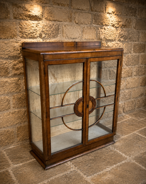 1930s Art Deco Figured Walnut Glazed Display Cabinet