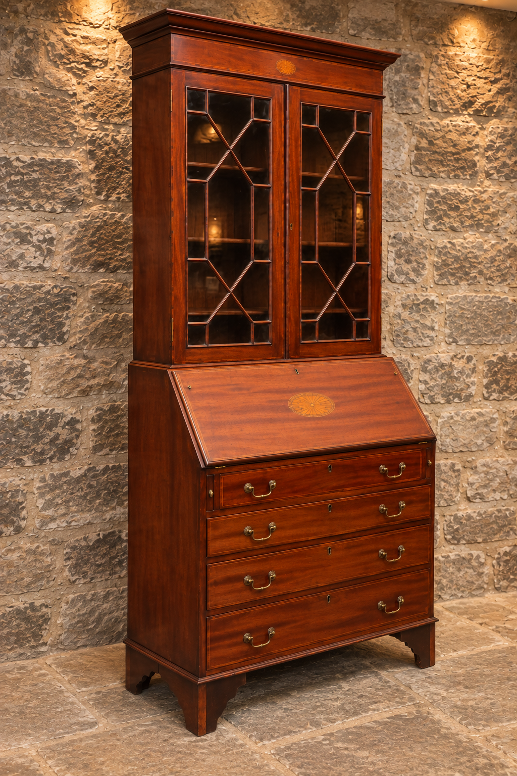 Antique Edwardian Inlaid Mahogany Bureau Bookcase – c.1900