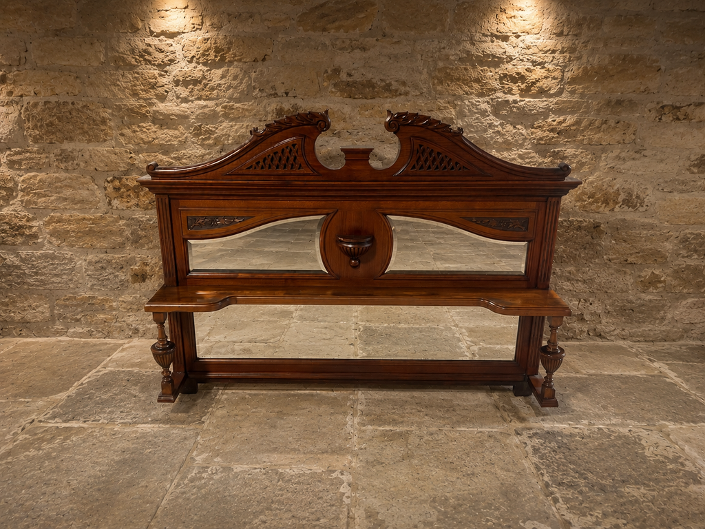 Antique Late Victorian Mahogany Overmantel Mirror – Arts & Crafts Fireplace Mirror with Bevelled Glass & Display Shelf