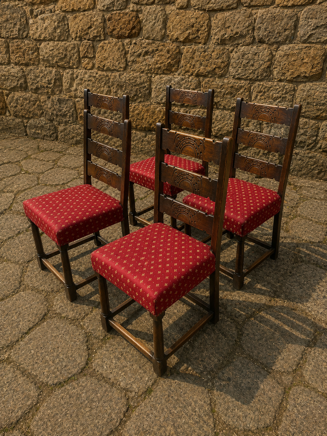Set of Four Antique Carved Oak Dining Chairs c.1920–1940