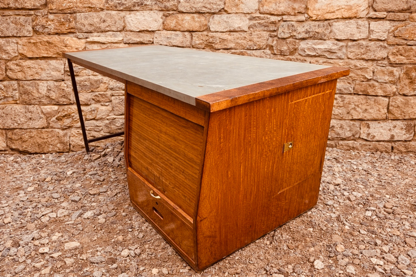 Mid Century Teak Desk with Tambour Storage – Industrial Vintage Workstation