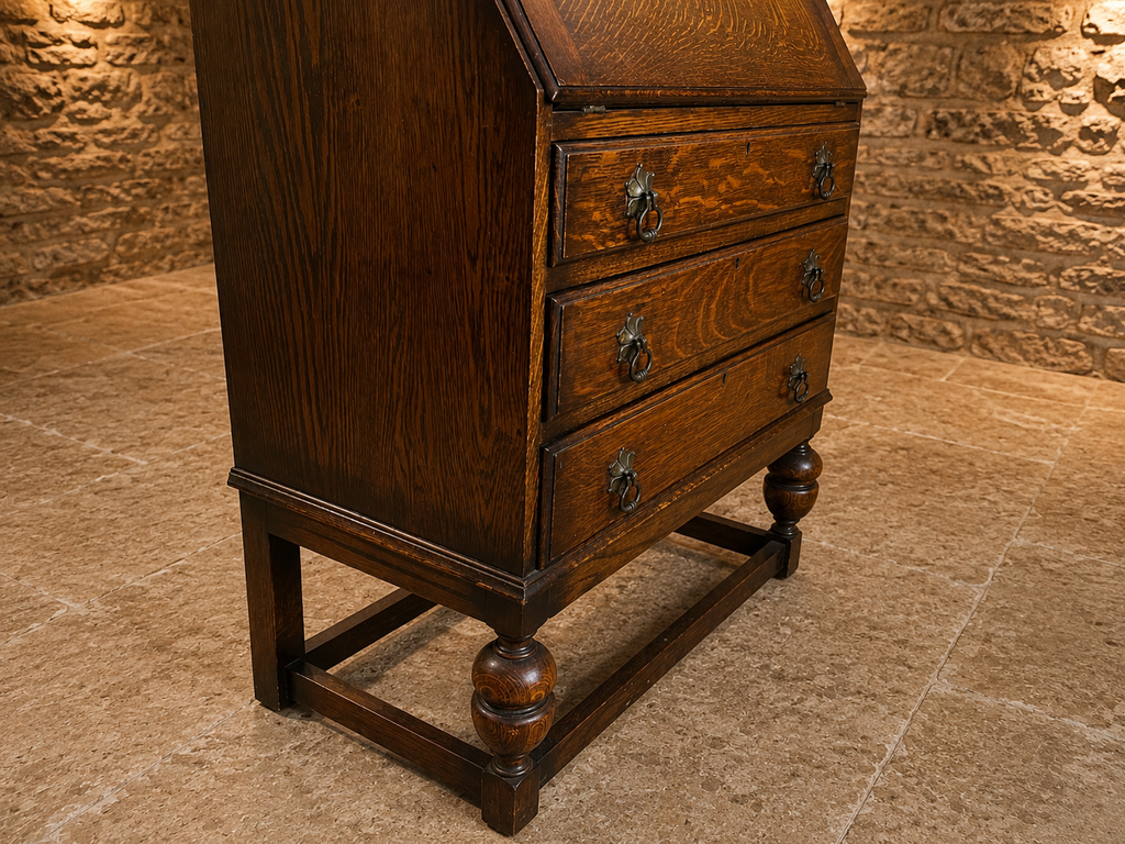 Antique Jacobean Revival Oak Bureau Writing Desk with Fitted Interior c.1930