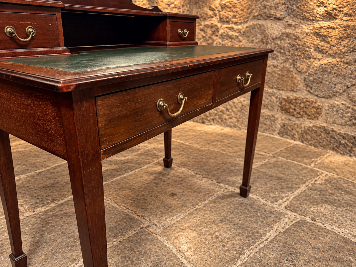 Antique Edwardian Mahogany Writing Desk c.1900 – Green Leather Top & Raised Gallery