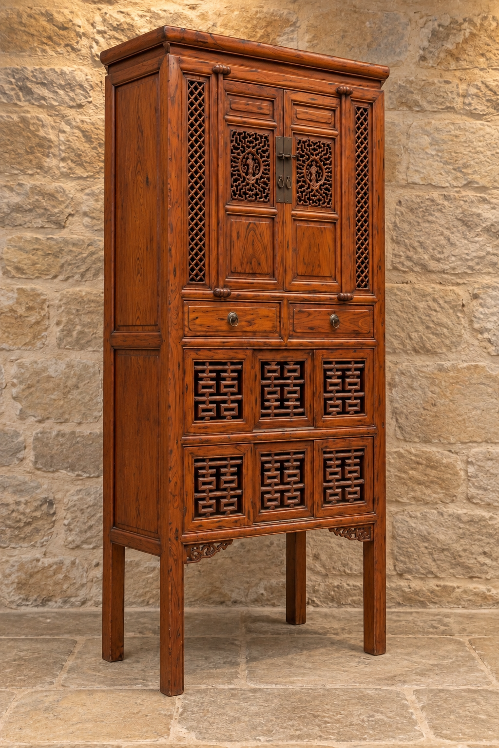 Vintage Chinese carved cabinet with lattice panels
