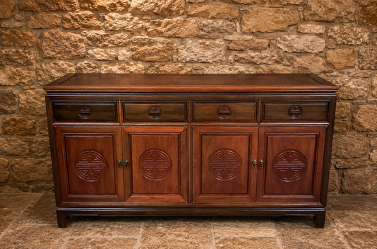 Large Chinese Style Hardwood Sideboard with Carved Oriental Detail