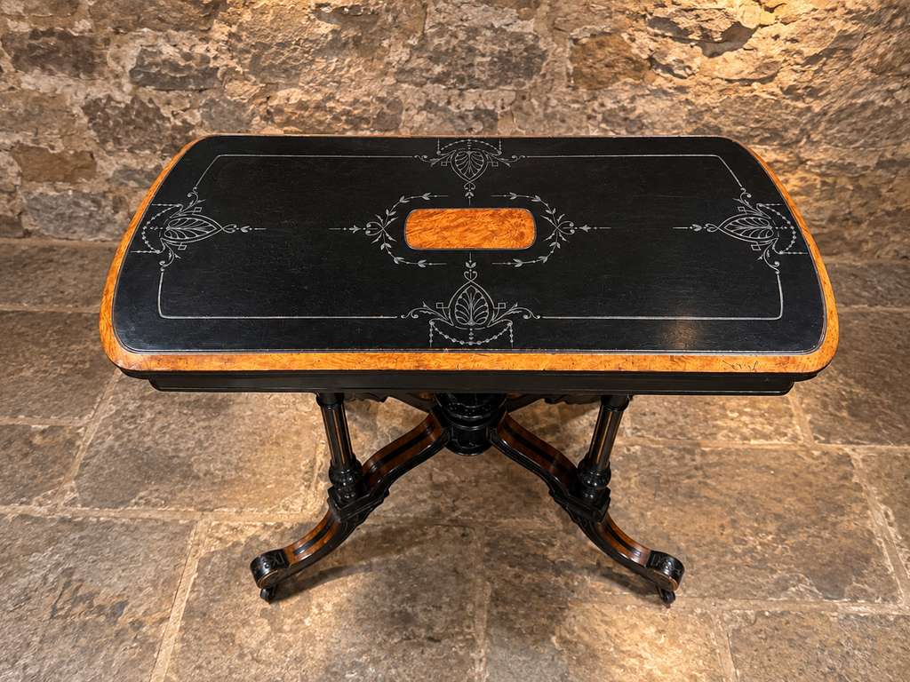 Antique Victorian Ebonised Burr Walnut Fold Over Card & Games Table c.1875