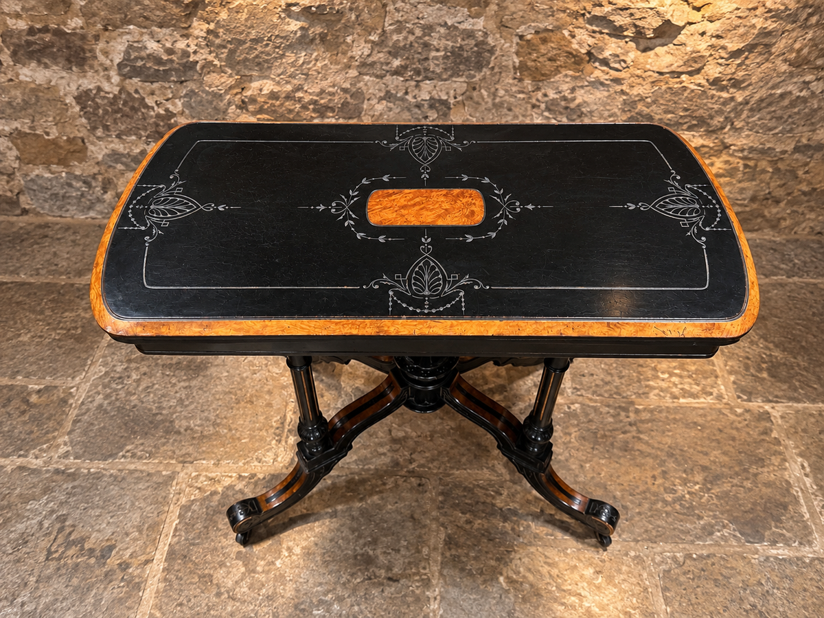 Antique Victorian Ebonised Burr Walnut Fold Over Card & Games Table c.1875