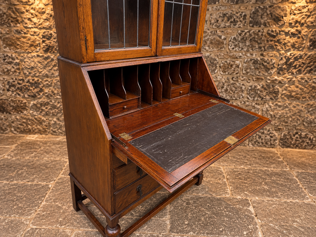 Antique Oak Bureau Bookcase with Leaded Glass Doors – c.1920