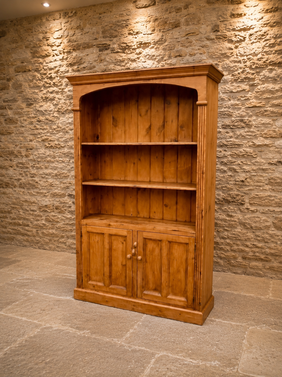 Vintage Solid Pine Farmhouse Bookcase | Rustic Country Display Cabinet | English Pine Shelving Unit with Cupboard