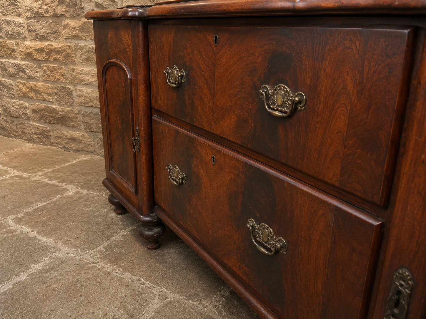 Antique Victorian Mahogany Serpentine Sideboard | c.1840–1860 | Figured Wood Chiffonier | Large Country House Storage Cabinet