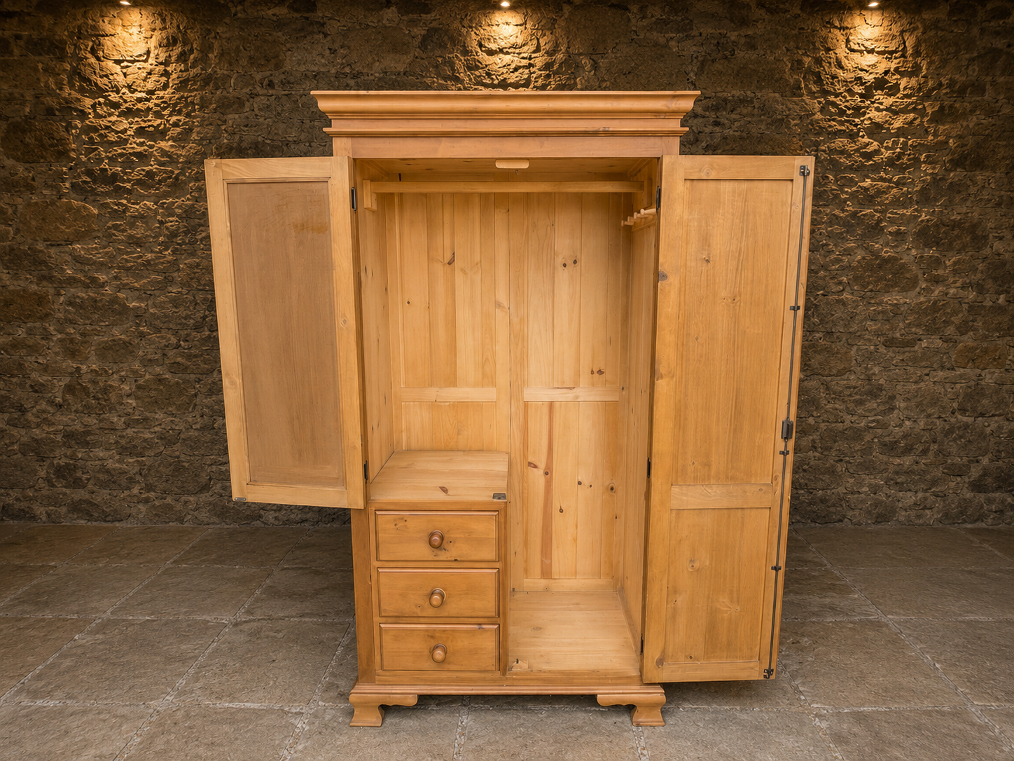 Large Solid Pine Combination Wardrobe with Mirror & Three Drawers