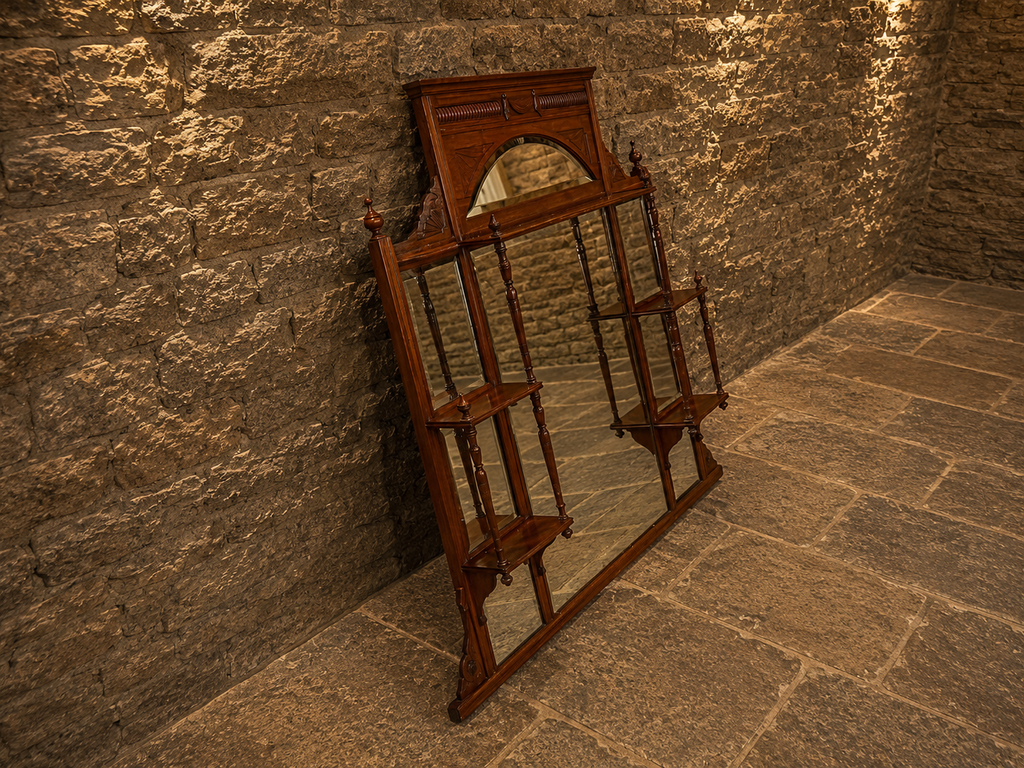 Victorian Oak Overmantel Mirror | Antique Bevelled Wall Mirror with Display Shelves | English Circa 1890–1910