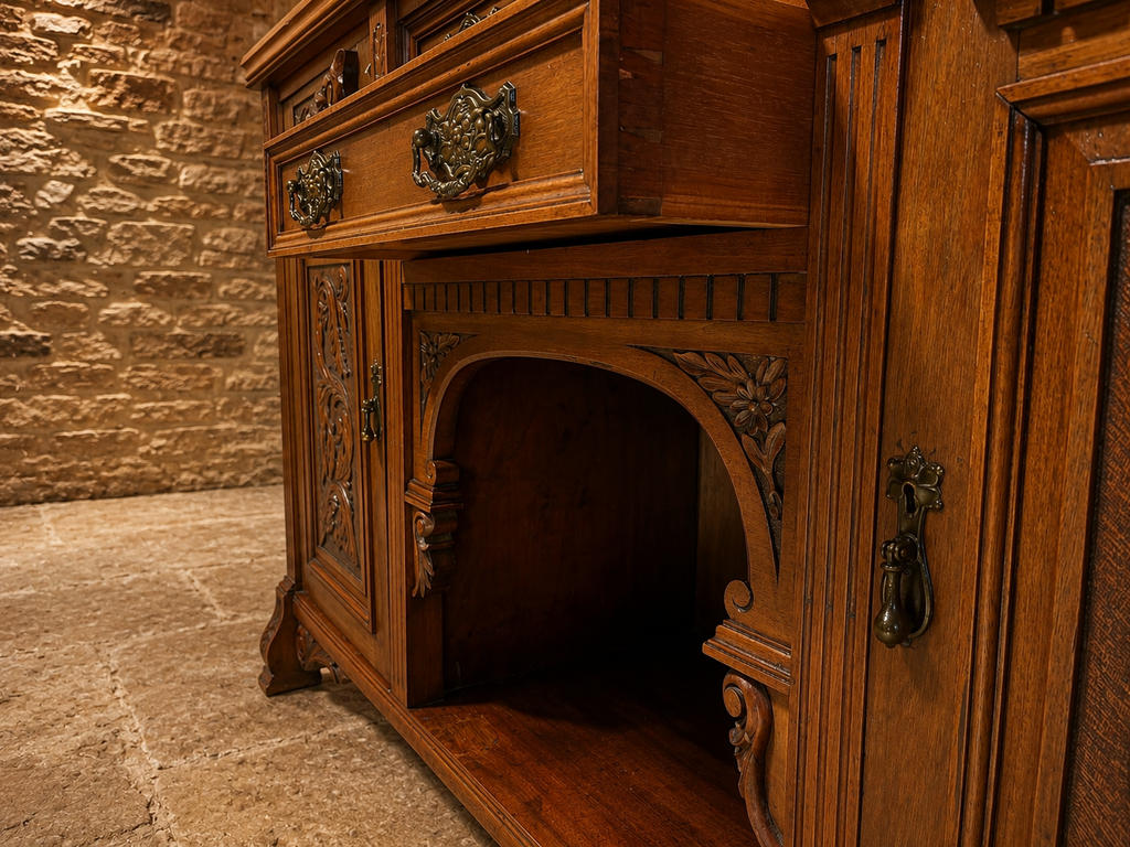 Victorian Carved Oak Sideboard | Antique Gothic Revival Buffet Cabinet | English Circa 1880–1900