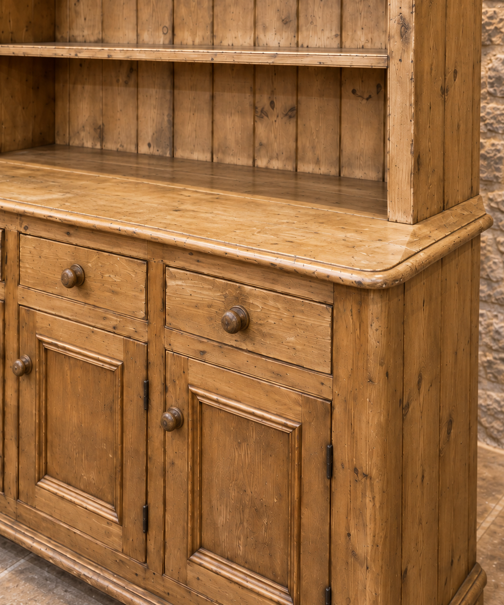 Vintage pine farmhouse dresser with scalloped canopy