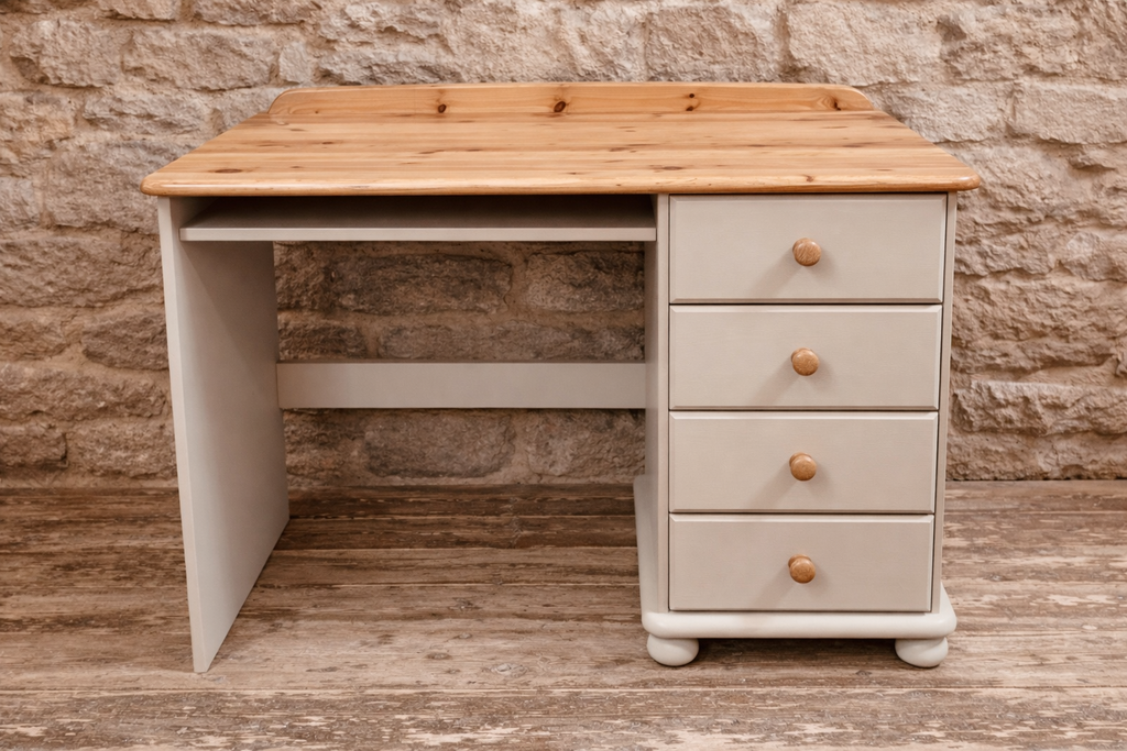 Rustic Pine Desk with Stripped Wood Top & Neutral Painted Base
