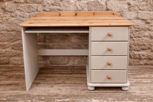 Rustic Pine Desk with Stripped Wood Top & Neutral Painted Base