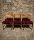 Set of 6 Mid Century Dining Chairs with Burgundy Upholstered Seats