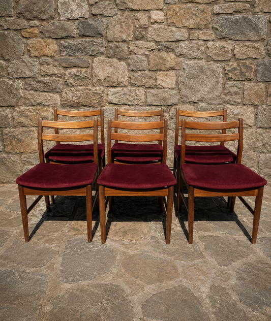 Set of 6 Mid Century Dining Chairs with Burgundy Upholstered Seats